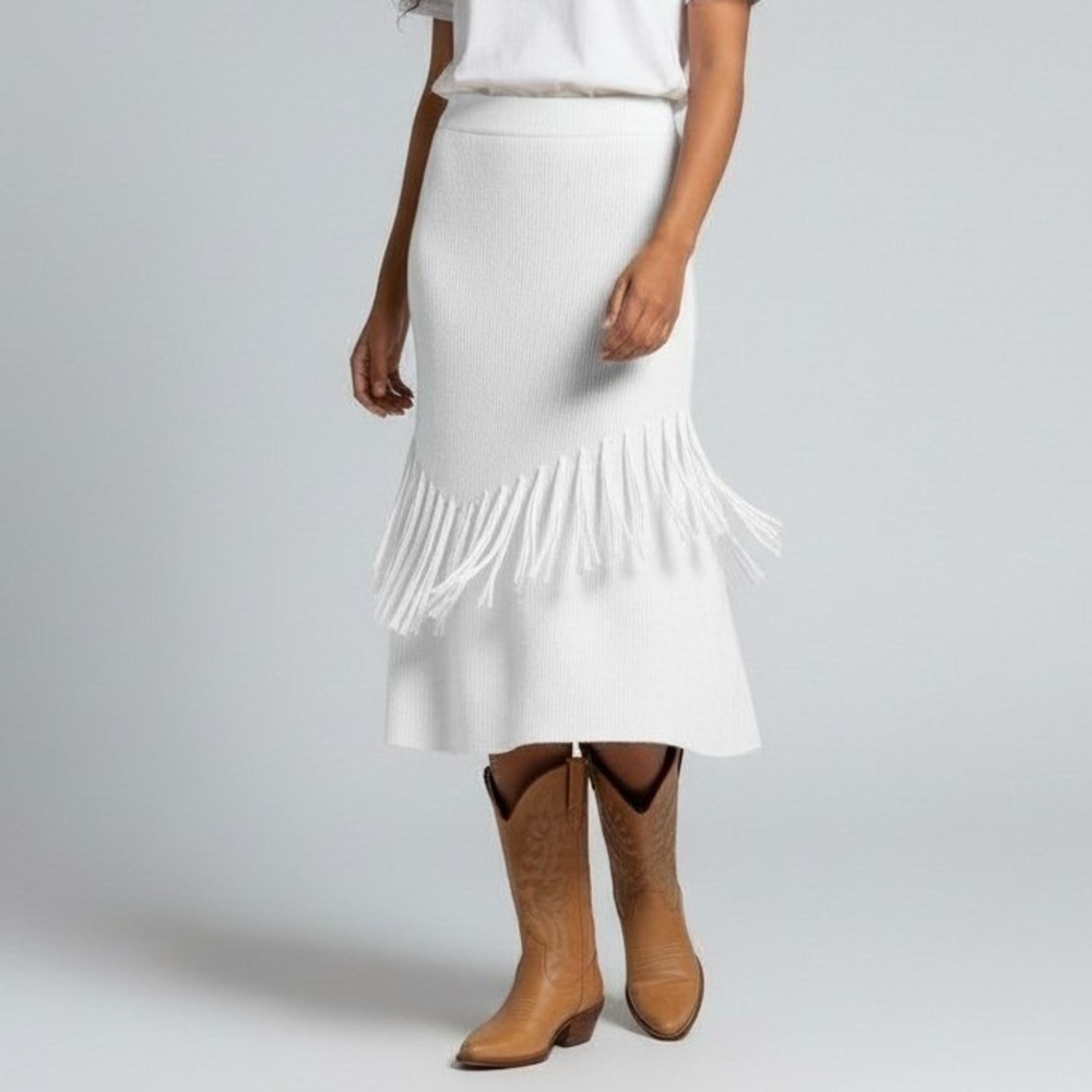 7th Avenue Design Studio Fringe Knit Skirt Ivory‎ Midi Asymmetrical Hem Womens M